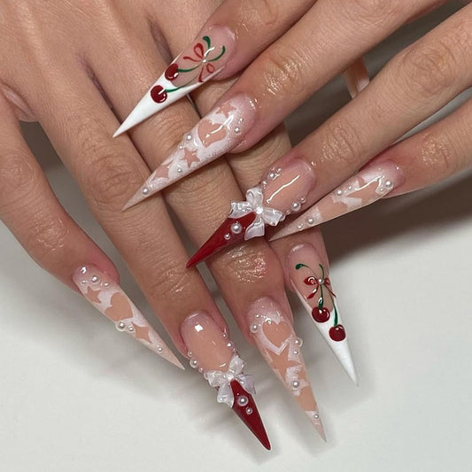 Long Press Stiletto Pink False French Tip Acrylic Nails with 3D Bow Cherry Design Glue on Heart Star Full Cover Stick on Nails for Women Manicure 24Pcs