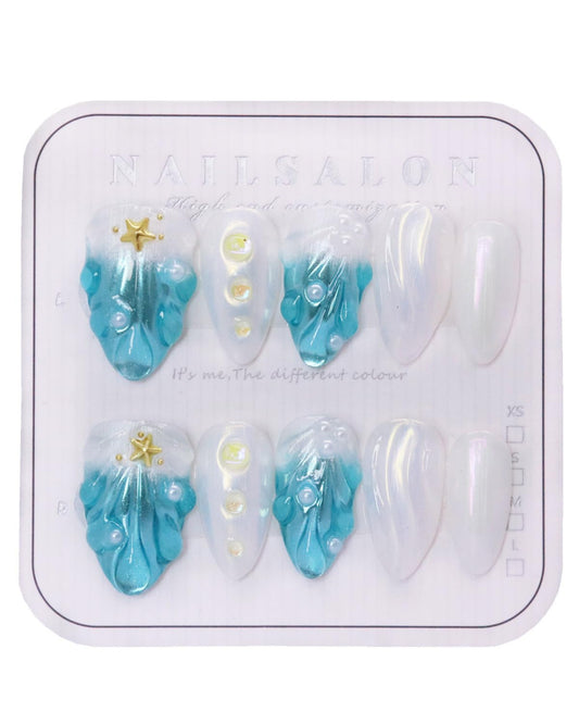 CAMILCY Handmade Nails Press on Almond Nail Pointed Green Gold Crystal Glitter Design Hand painted Reusable Gel UV Finished Pre shaped False Nails for Women 10pcs 3D Handmade Nails (A081, M)