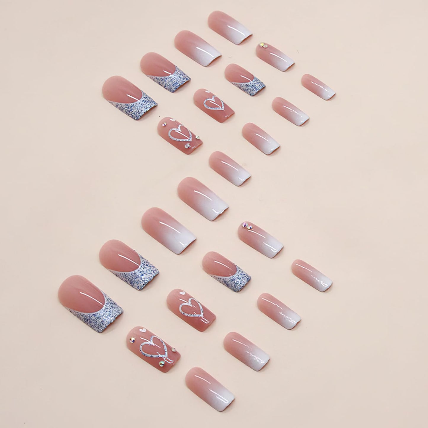 Square Press on Nails Medium Length Fake Nails French Tip Coffin False Glossy Heart Blue Glitter Design Full Cover Glue on Nails Nude Pink with Rhinestones Reusable Stick on Nails for Women 24pcs