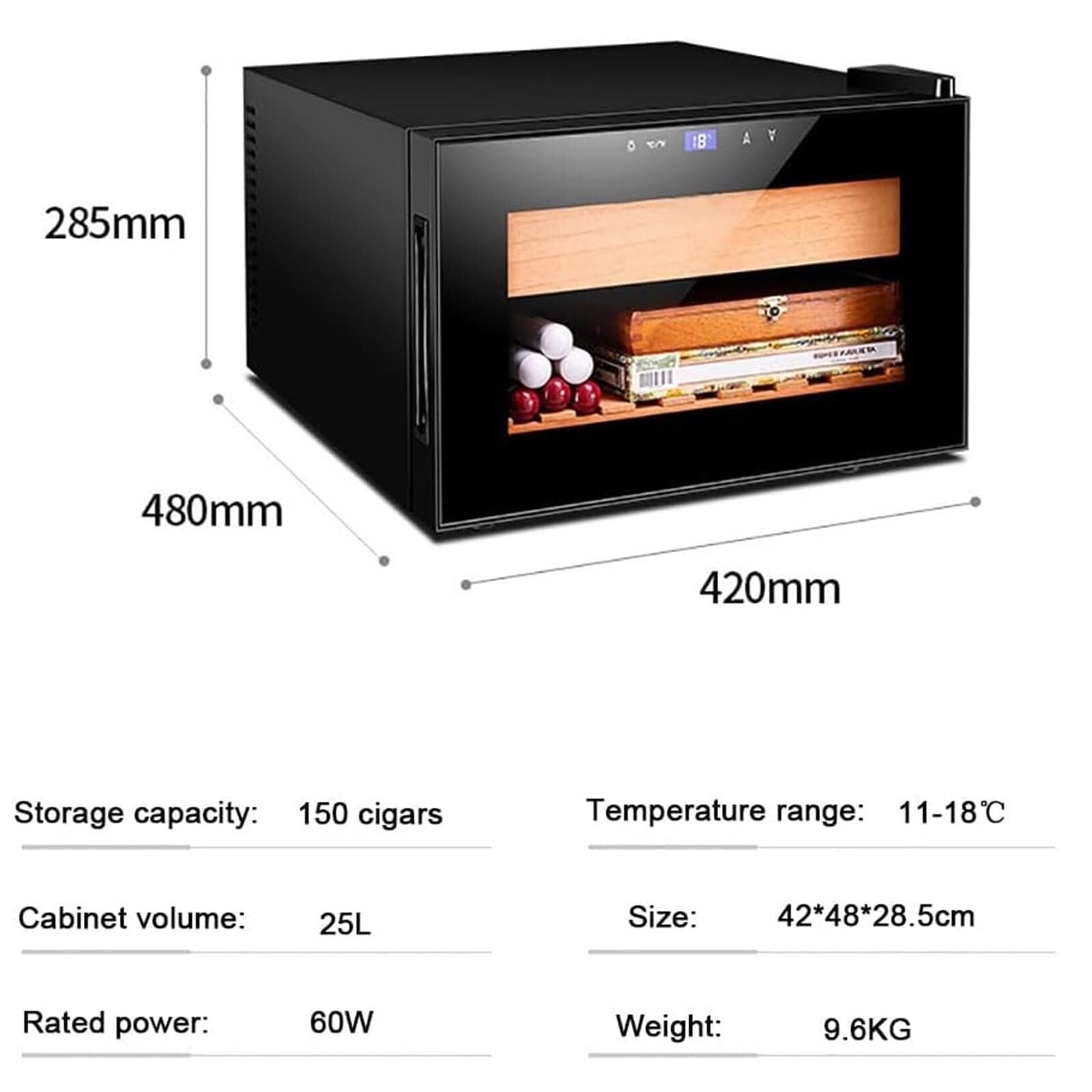 DLYZAYE Small Electronic Cigar Cooler Humidor,150 Counts Cigar Humidor Cabinet, with Digital Thermometer, Cigar Cabinet Led Panel with Cedar Wood Shelves (Color : Black)