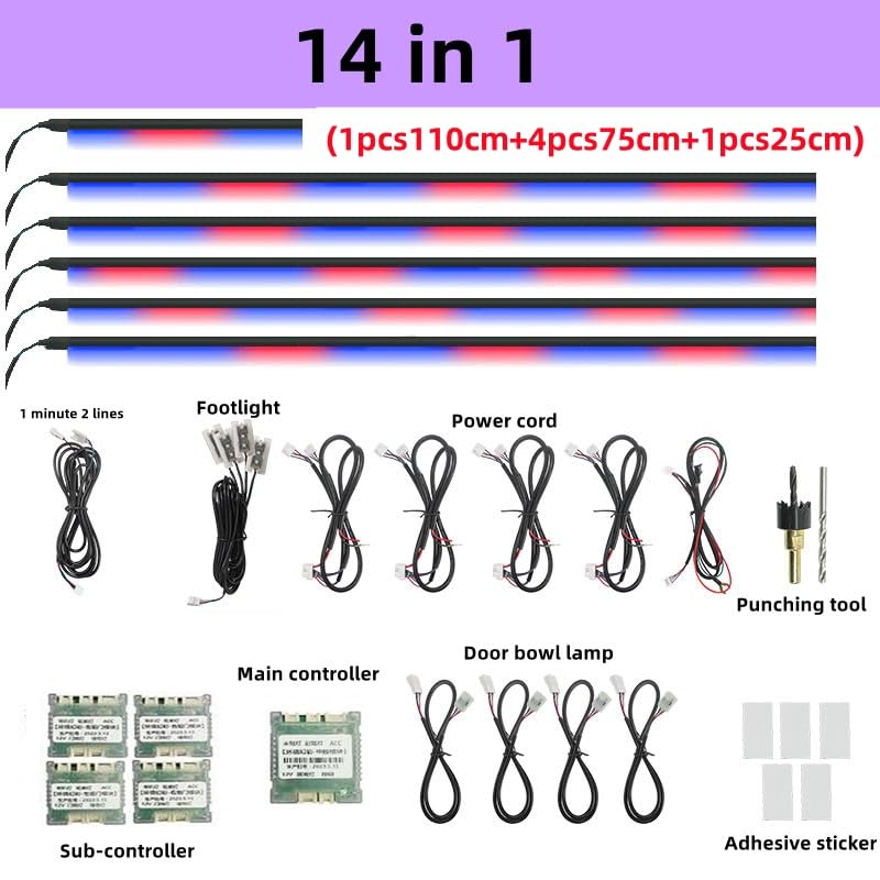Car Interior LED Light Kit, 14-in-1 Ambient Lighting Strips, RGB Optical Fiber, Multiple Colors