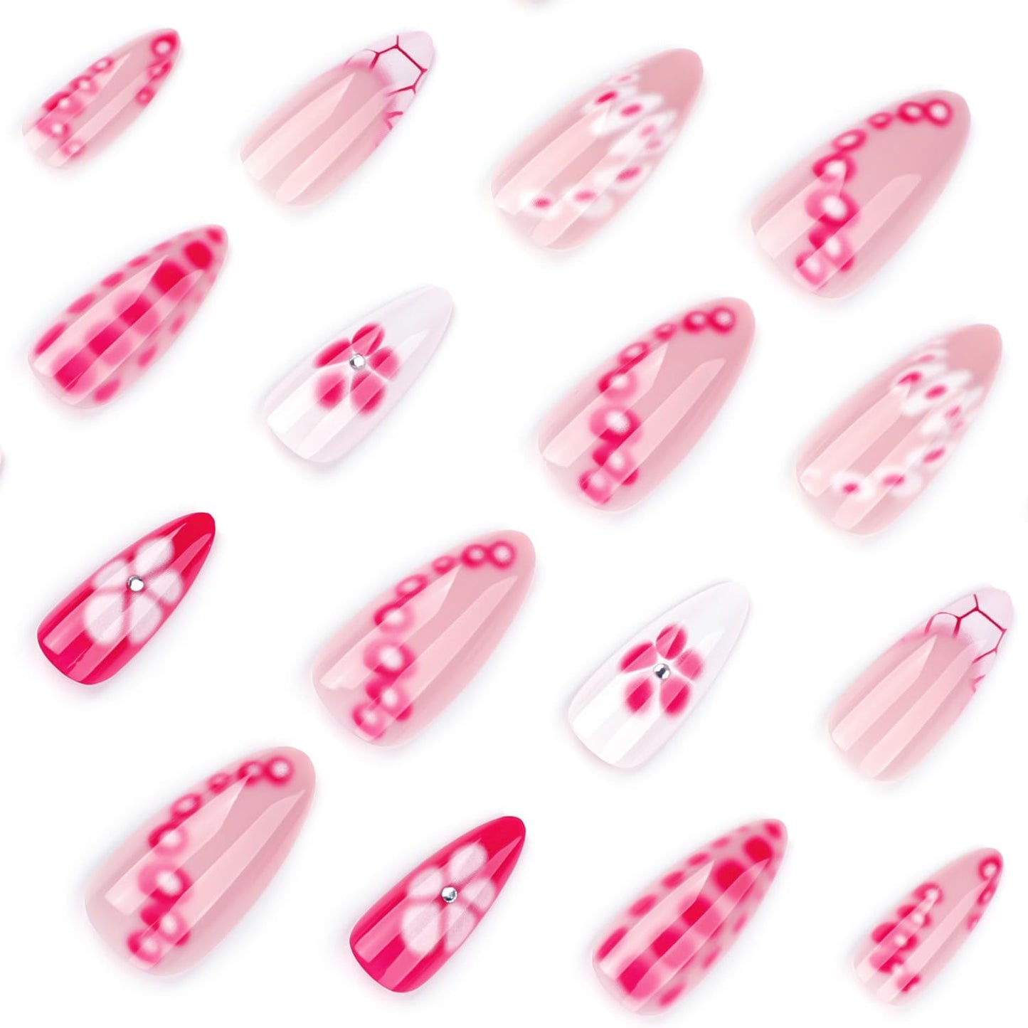 French Tip Press on Nails Short Almond Fake Nails Cute Flowers False Nails with Rhinestones Designs Artificial Nails Flower Petals Nails Tip Glue on Nails Nude Full Cover Nails for Women 24Pcs