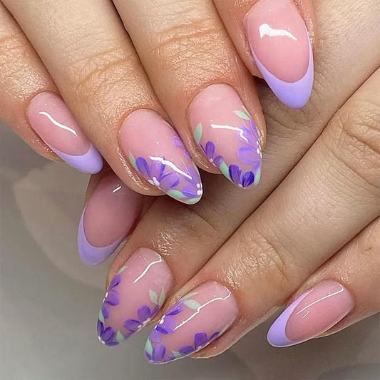 CTTHNBD Short Press on Nails Almond - Purple Fake Nails with Flower Design - Spring, French Tip False Nails - for Women 24 Pcs