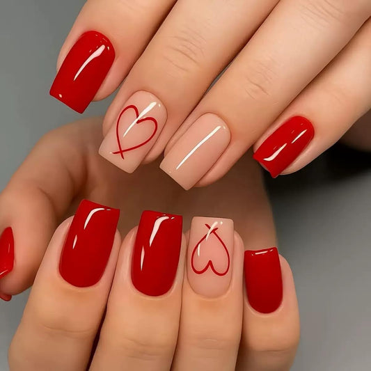 CTTHNBD Press on Nails Square - Short, Red Fake Nails with Heart Design - Solid Color Full Cover Stick on False Nails - for Women 24 Pcs