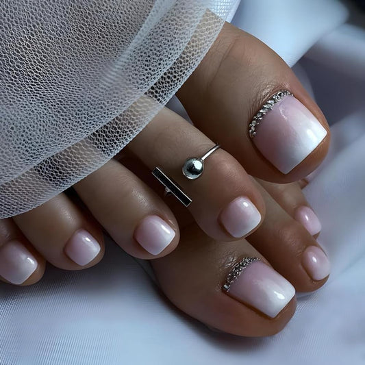Nude Ombre Press on Toenails Glossy Fake Toe Nails Rhinestone Glue on Toenails Gradient Pink White Acrylic Toe Fake Nails Natural False Toenails Full Cover Stick on Nails for Women Manicure 24pcs