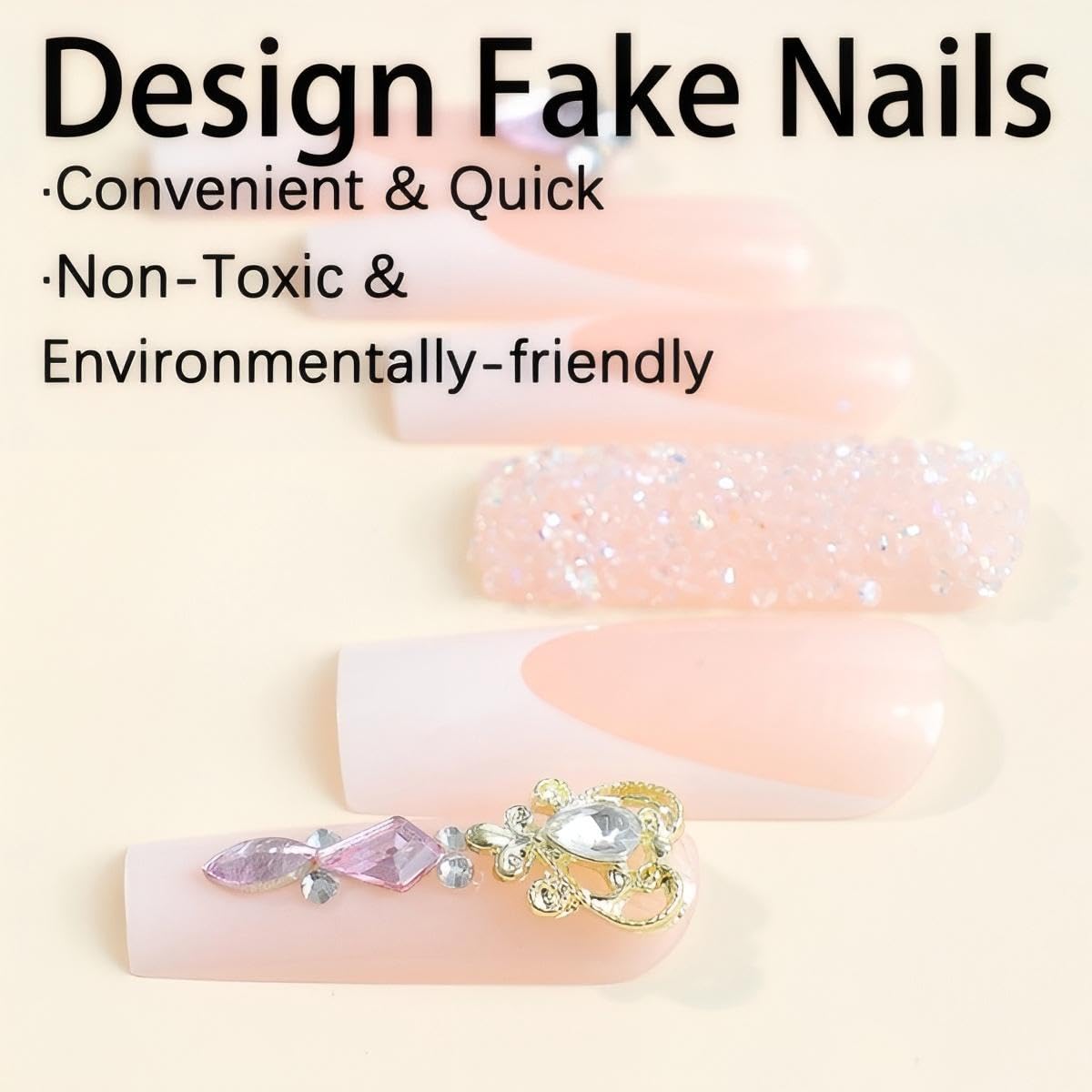 Rchovsam Long Press on Nails Square French Tip Nails Press Ons Pink Love Diamond Designs Fake Nails French White Acrylic Full Cover Gel False Nails Gift for Women 24pcs