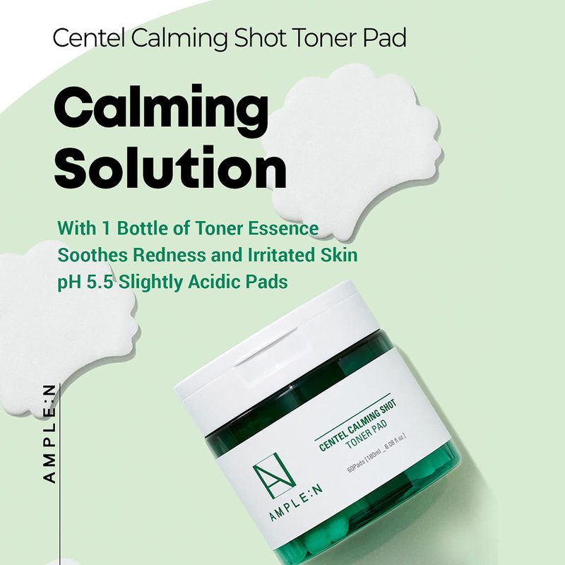 Korean Pore Minimizing and Redness Relief Soothing Toner Pads, Face Exfoliant with Centella Asiatica Extract and Bamboo Extract – AMPLE:N Centel Calming Shot Toner Pad 60 Sheet 100ml (3.38 fl.oz.)