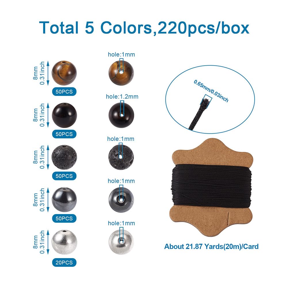 FASHEWELRY Mala Yoga Men Bracelet Making Kit - 220pcs Natural Gemstone Lava Rock Tiger Eye Beads Healing Crystal Chakra Stone Beads with Black Nylon String for Essential Oil Diffuser Jewelry Making