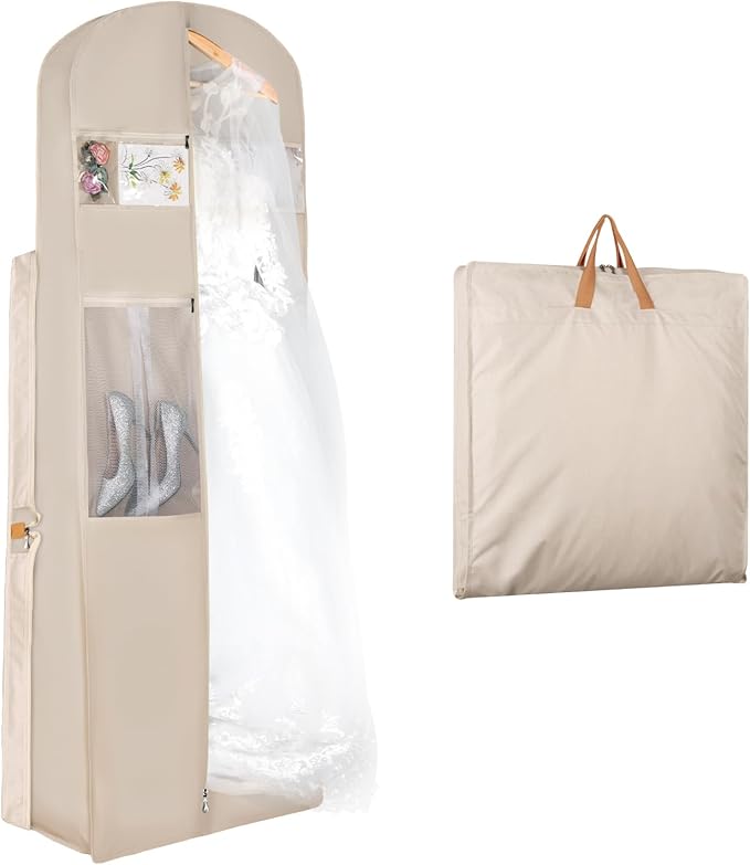 Zilink 72" Wedding Dress Garment Bag Dress Bags for Gowns Bridal Garment Bag for Long Dresses with 12âGusseted and Accessory Pockets for Wedding Dress, Puffy Gowns [Upgraded Version], Beige