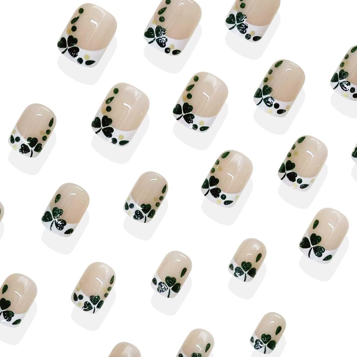 24Pcs St. Patrick's Day Press on Nails Short Square French Tip Fake Nails with Shamrock Designs Full Cover False Nails Dark Green Lucky Clover Acrylic Glue on Nails for Women Saint Patrick Nail Decor