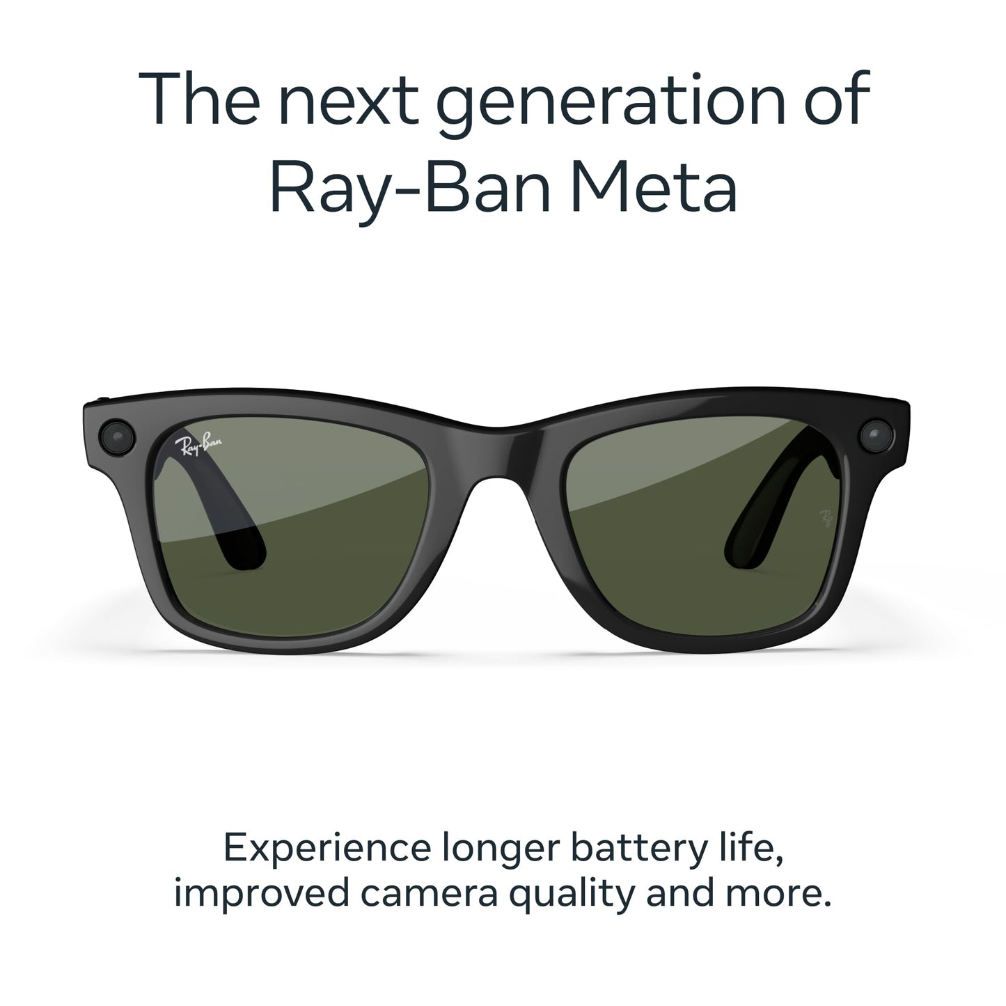 Ray-Ban Meta (Gen 2), Wayfarer, Shiny Black | Smart AI Glasses for Men, Women — 2X Battery Life — 3K Ultra HD Resolution and 12 MP Wide Camera, Audio, Video — Green Lenses — Wearable Technology