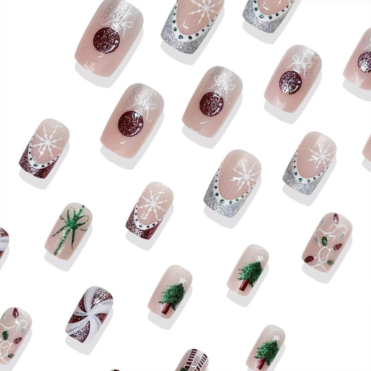 LWTZLW Christmas Press on Nails White Red French Tip Medium Square False Nails Gift Glitter Glue on Nail Snowflake Design Acrylic Fake Nails Winter Artificial Glossy Nail Reusable for Women