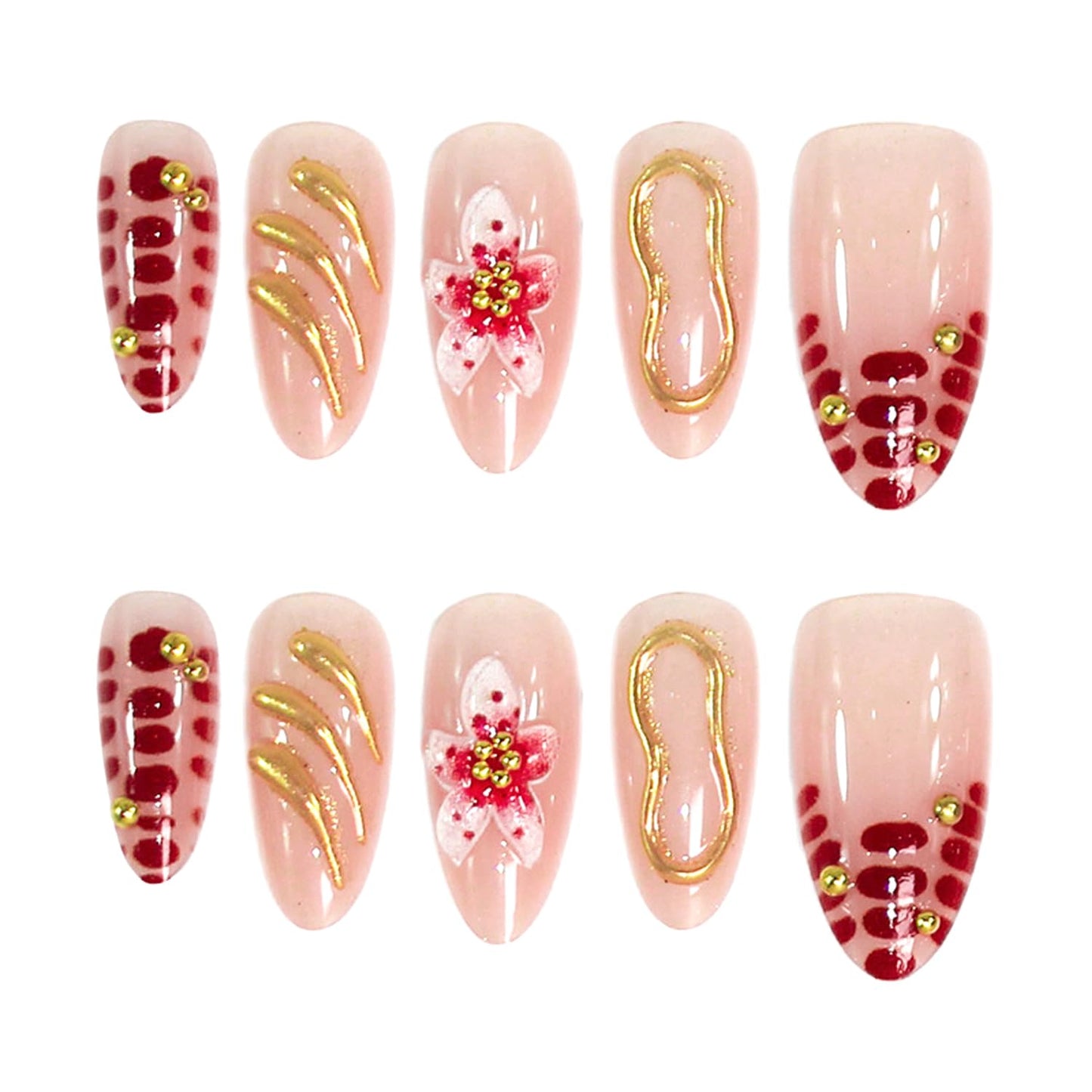 24Pcs Flower Press on Nails Medium Length Almond Fake Nails with Gold Irregular Line Design French Nails Cute Floral Stick on Nail Full Cover False Nail Artificial Nail for Women Manicure Decor