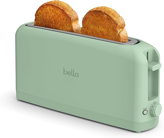 bella 2 Slice Slim Toaster, Fits-anywhereâ¢ Kitchenware, 6 Setting Shade Control with Reheat & Cancel Buttons, Fits Sourdough, 10â Long Slot, Anti Jam & Auto Shutoff, 900 Watt, Seaglass