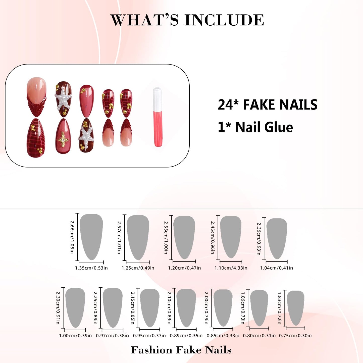 IMRAIN Press on Nails Medium Almond Fake Nail with White Pearl Star, Wine Red French, Golden Cross Designs Full Cover Glossy Glue on Nails for Women 24Pcs Acrylic Handmade False Nails