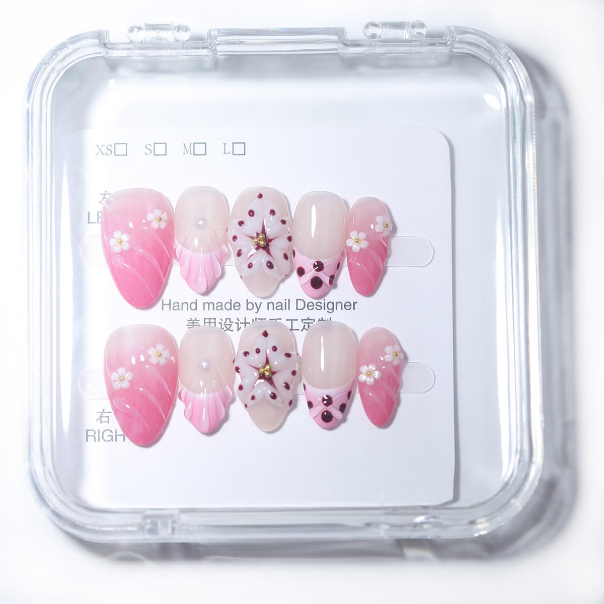 10Pcs Short Almond Handmade Press On Nails | Pink Ombre with Seashell, 3D Floral & Pearl Decor | Reusable Salon-Quality Fake Nails for Women and Girls(PZ01, XS)
