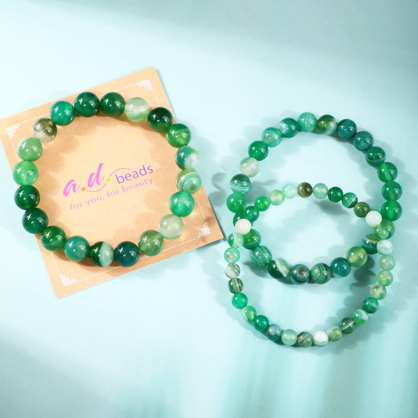 AD Beads 8mm Handmade Green Stripe Agate Elastic Bracelet – Natural Gemstone for Calm energy – Meditation, Yoga, Healing and Energy Gift for Men Women