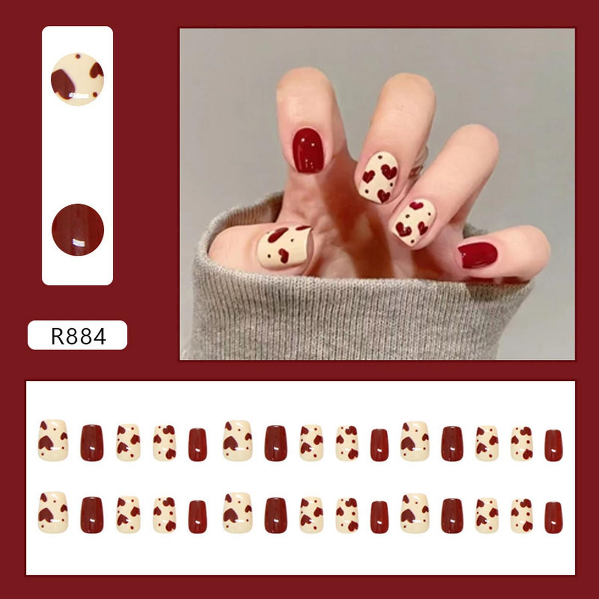 30pcs Valentine's Day Press on Nails Short Square Fake Nails Glossy Reusable Heart False Nails with Red Queen heart Acrylic Nails Stick on Nails Valentine Glue on Nails for Women