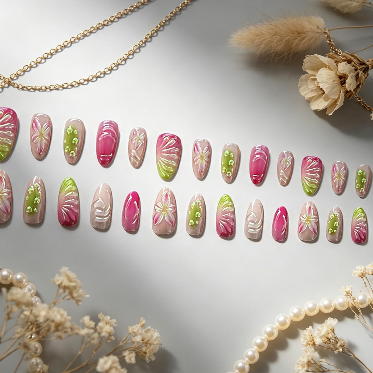 3D Press On Nails Almond Medium Light Pink Fake Nails with Embossed Lines Flower Cat's Eye Designs, Acrylic Artificial Nail Press ons False Stick On Nails for Women Girls 30Pcs