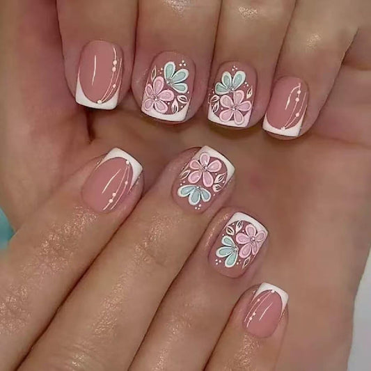 White French Tip Press on Nails Square Short Fake Nails with Flower Design Full Cover Spring Stick on False Nails for Women 24 Pcs