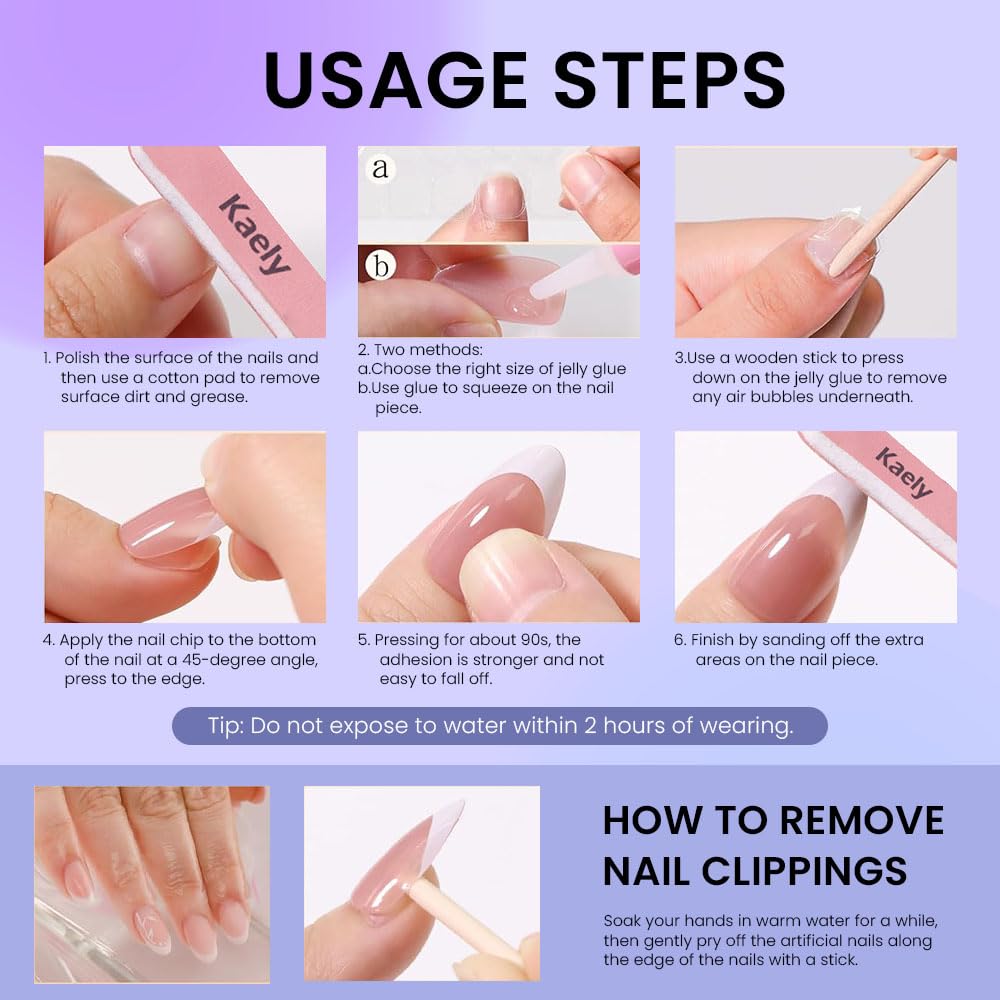 evpct French Tip Press On Nails Short Almond, Nude Pink + Gold Line & Dark Green Tips, Short Almond Fake False Press on Nails, Reusable Gel Stick on nail Press ons with Nail Kit, Salon Quality