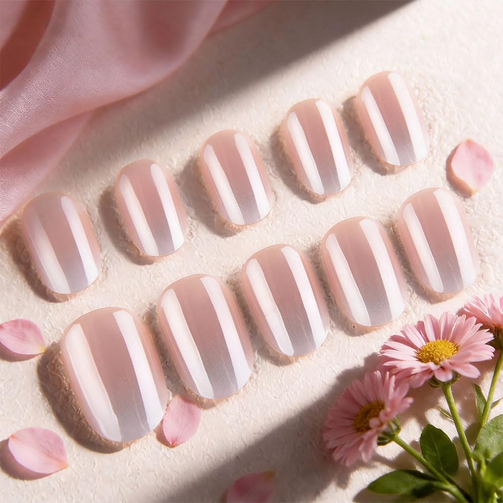 evpct Nude White Ombre Glazed Press On Nails Short Oval No Glue, Glazed Glossy Aurora Stick on Nail for Women, Reusable Full Cover Soft Press on Fake Nail Perfectly Fit with Ombre Design Salon-quality