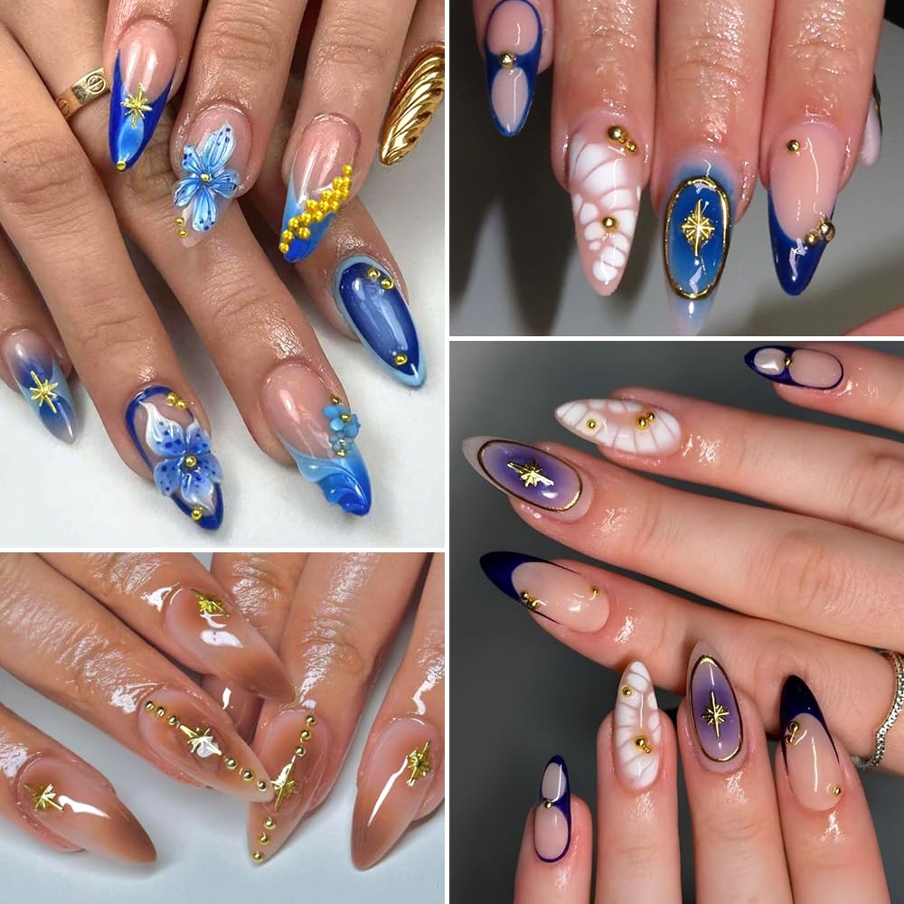 Star Nail Charms for Nails Art, 3D Gold Mixed Styles Stars Metallic Studs Rivets and Small Round Caviar Beads with Tweezers, Nail Jewelry Decorations Manicure Supplies Accessories for DIY Craft