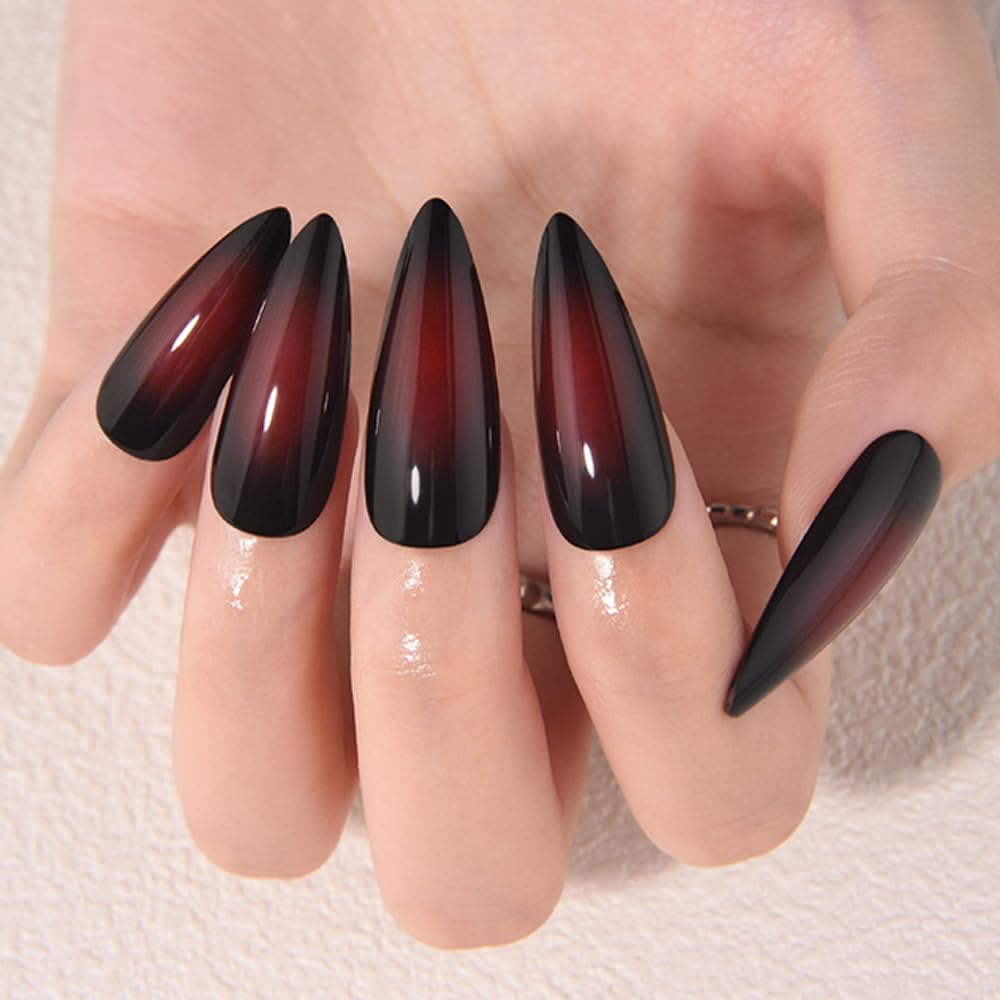 evpct Ombre Dark Red Press on Nails Medium Almond, Medium Almond Glossy Stick on Nail for Women Gift with Manicure Kit, Reusable Full Cover Soft Stick on Fake Nail with Ombre Design Perfectly Fit
