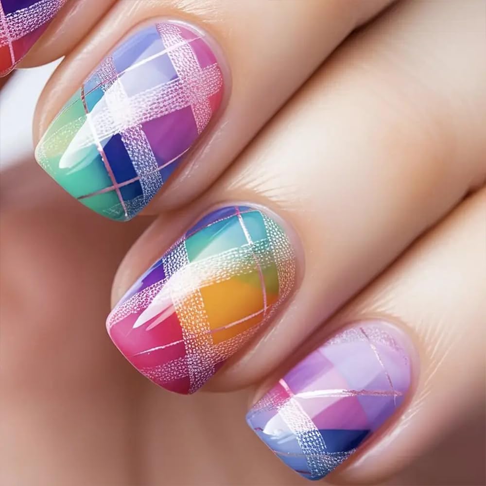 Press on Nails Short Square Colorful Fake Nails with Designs Summer False Nail Short Square Nails Press ons Fingernails Full Cover Artificial Acrylic Stick on Nail for Women 24PCS