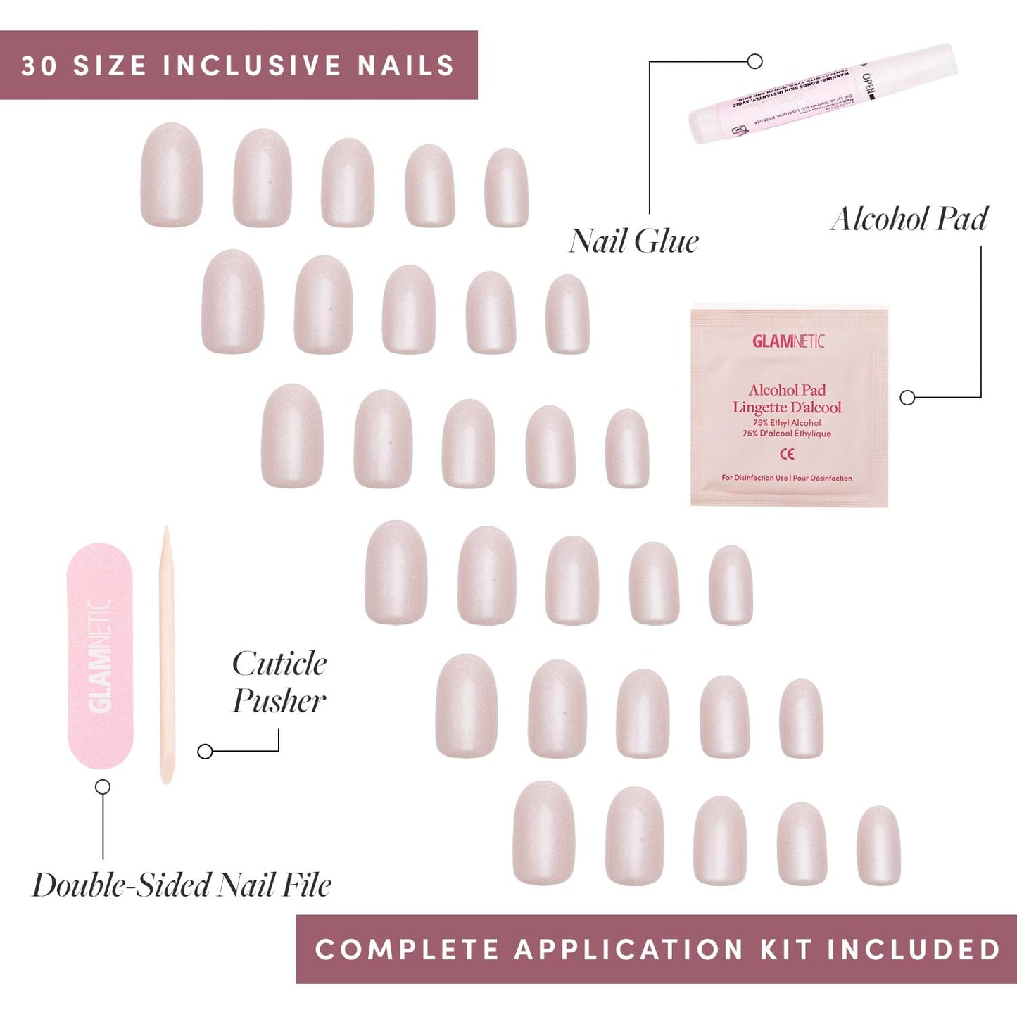 Glamnetic Press On Nails & Brush On Nail Glue Bundle - Pure Intentions | Glossy, Iridescent Short Round Nails, Reusable | 12 Sizes - 30 Nail Kit with Glue