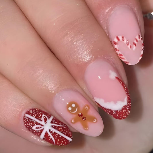 Christmas Press On Nails Medium Almond Fake Nails Gingerbread Santa Hat With Candy Cane Bow Design Xmas False Nails Full Cover Cute Acrylic Glue On Nail Winter Stick On Nails For Women 24pcs