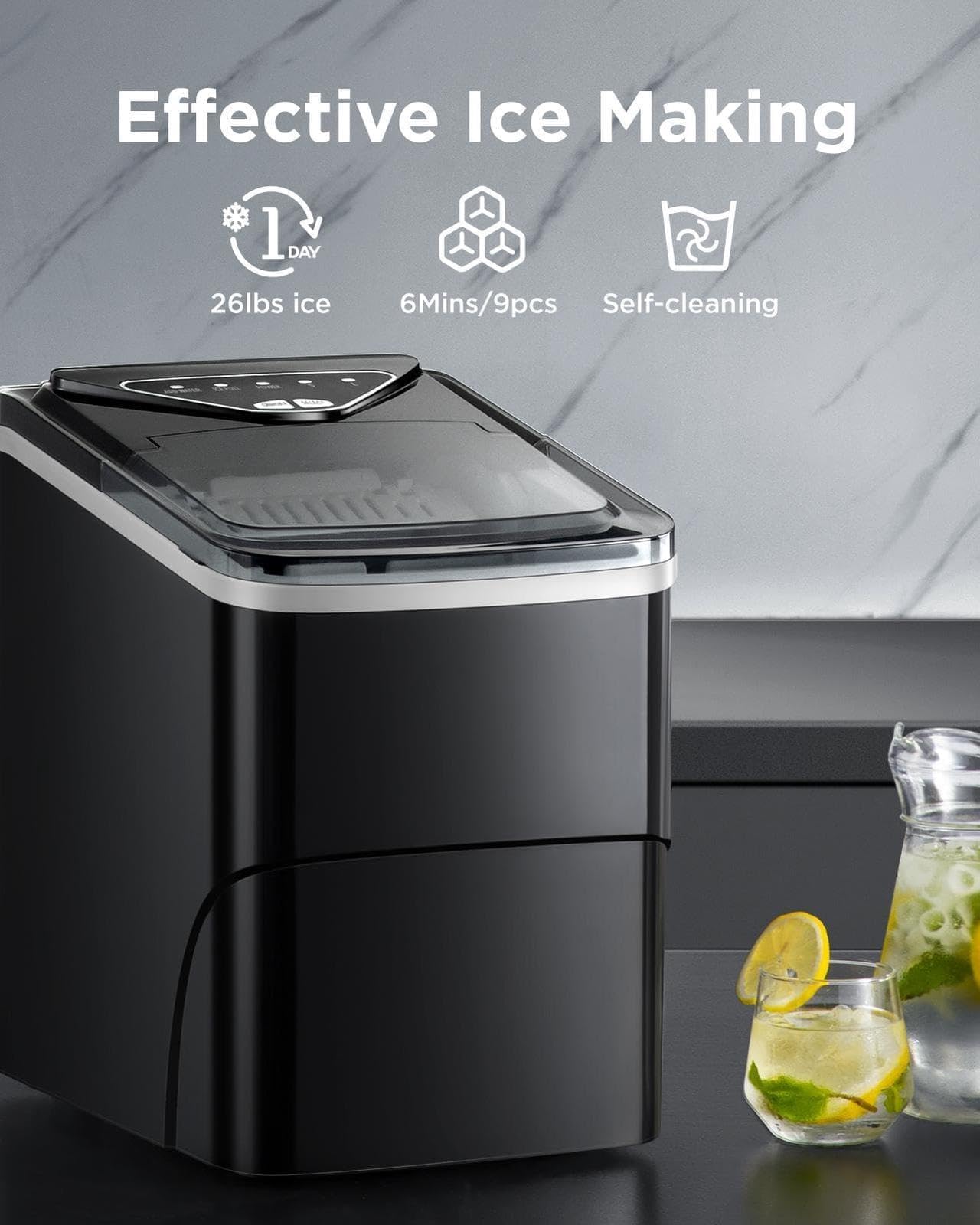 Silonn Portable Ice Maker Countertop, Self-Cleaning Ice Machine with Carry Handle, Includes Basket & Scoop, Produces 9 Ice Cubes in 6 Minutes, 12KG Daily Capacity, Ideal for Home Camping and RVs