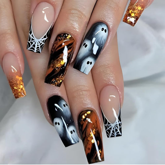 Halloween Press on Nails Long Square Fake Nails Cute White Ghost False Nails with Designs Spider Web Glue on Nails Long Coffin Acrylic Nail Glitter French Tip Glossy Stick on Nail for Women 24 Pcs