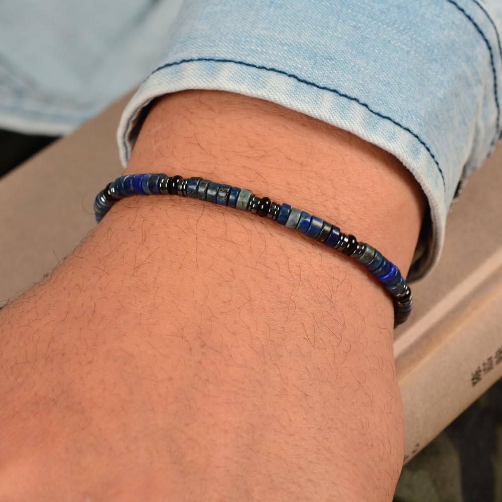 Casvia Men's Lapis Lazuli Hematite & Black Agate Beaded Bracelet, Handmade Adjustable Stainless Steel Chain, Chakra Jewelry Gift for Dad Husband Boyfriend