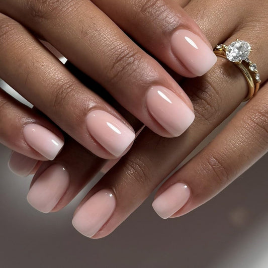 24Pcs Nude Press on Nails Short Square Acrylic Fake Ombre Glossy Gradation False Nature Stick on Full Cover Glue on for Women Girls Decoration