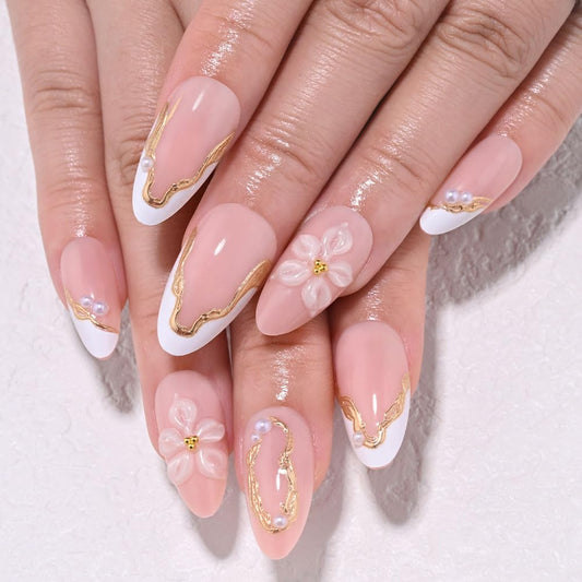 evpct Nude Pink French Press on Nails Short Almond No Glue, 3D Gold LineWhite French Tip Stick on Nails for Women, Reusable Full Cover Soft Press on Fake Nail Perfectly Fit with 3D Flower Design