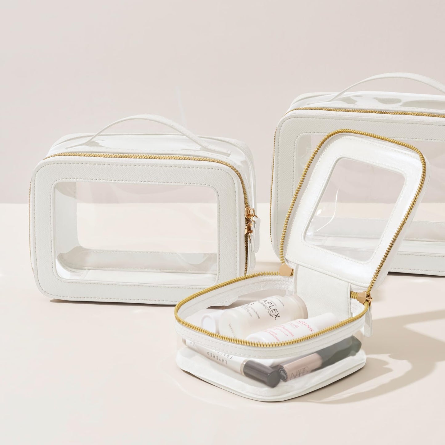 Oaque Clear Cosmetic Bag Set for Women Makeup Bag with Handle, TSA Travel Toiletry Bag Transparent Cosmetic Case Portable Make Up Organizer Bag for Essentials (White, Mini+S)