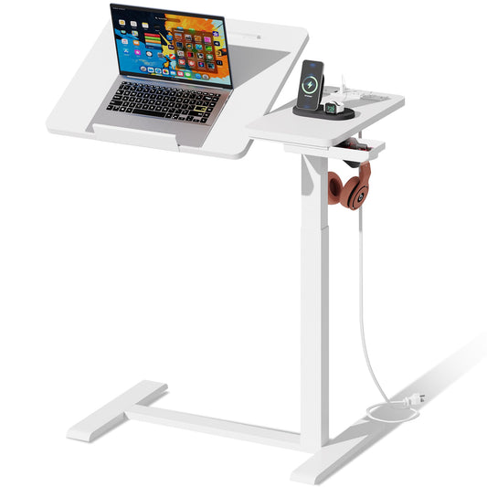 EKNKOZY Standing Desk, Medical Overbed Table with Rolling Tray and Power Outlet, Dual Pneumatic Angle and Height Adjustable Desk, Portable Side Table with Drawer, Home & Hospital Use, White