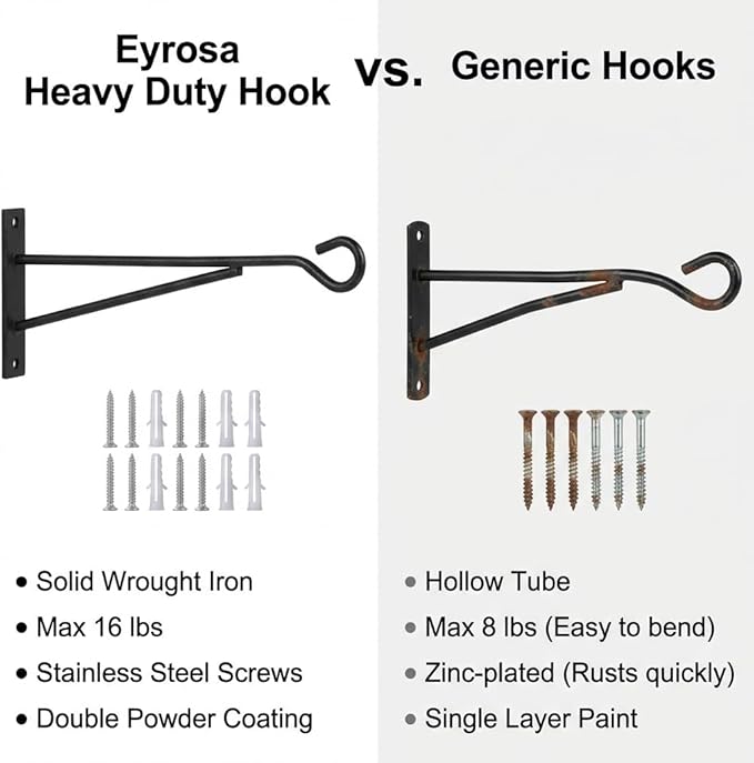Eyrosa 8" Hanging Plant Hooks (6 Pack), Rust-Proof Metal Wall Brackets for Vertical Garden, Sturdy Plant Hangers for Outdoor Fence, Bird Feeders, Lanterns & Wind Chimes, Black Minimalist Decor