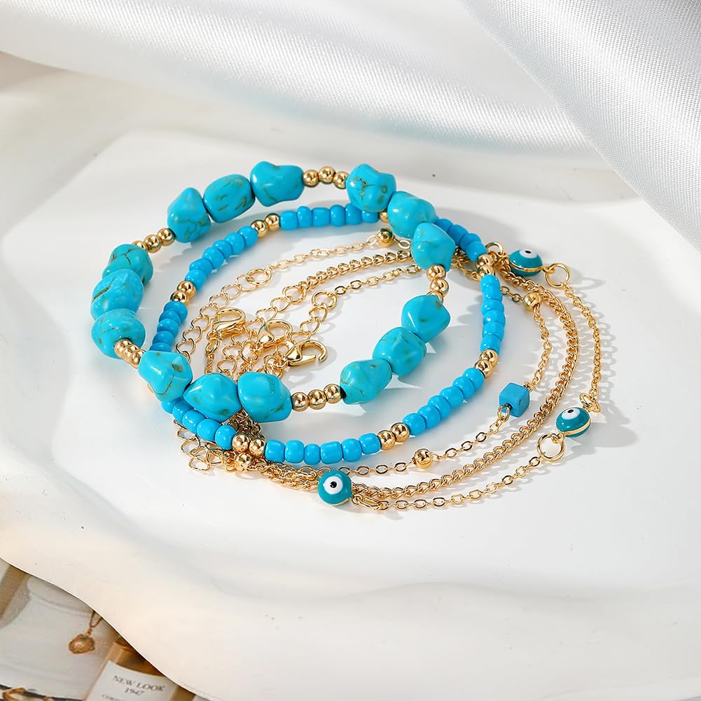 CIWEAI Gold Turquoise Beaded Western Jewelry for Women Fashion Stackable Irregular Turquoise Bead Bracelets Elastic Stack Evil Eyes Bracelet Boho Accessories (AA)