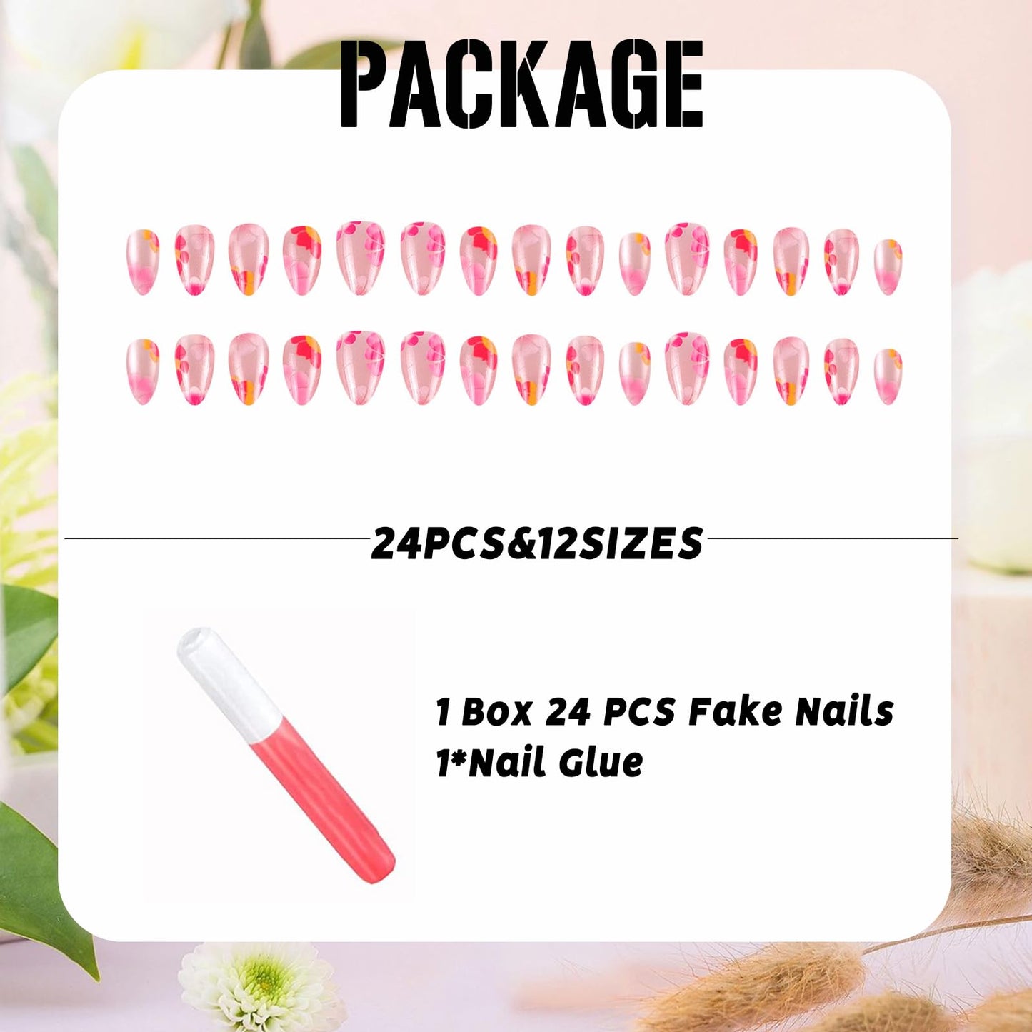IMSOHOT Press on Nails Short Oval Fake Nails Pink Flower Glue on Nails Summer Cute Acrylic Nail Supplies Full Cover Glossy Round False Nails for Women Girls 24Pcs