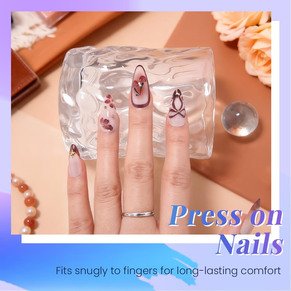evpct 3D Red Cherry Press on Nails Short Almond No Glue, Short Almond with 3D Red Bow Butterfly Design, Coffee Tip Stick on Nail for Women Gift with Kit, Reusable Full Cover Soft Press on Fake Nail