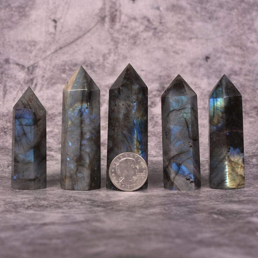 Angelstones Natural Labradorite Gemstone Healing Crystal Hexagonal Pointed Reiki Chakra Faceted Prism Wand Carved Stone Figurine Home Decor