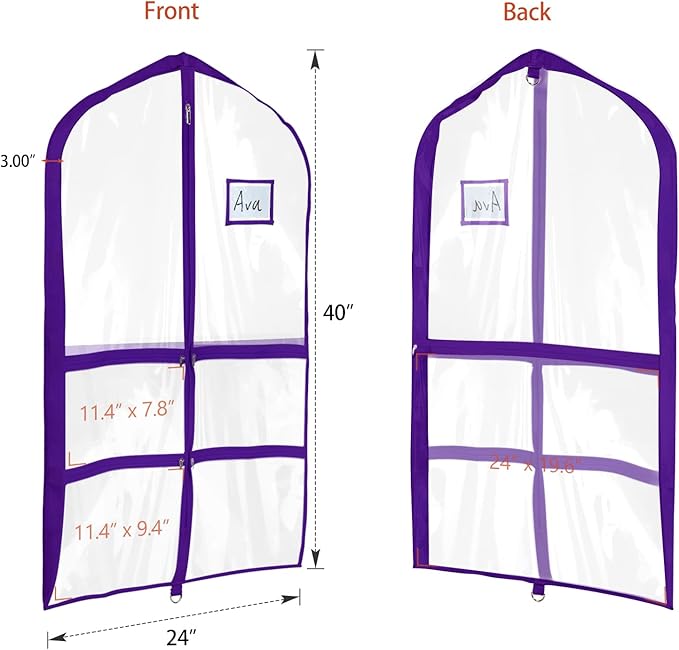 Univivi Clear Purple PVC Dance Costume Bags Garment Bag 40 Inch for Dance Competitions, with 4 Medium Clear Zipper Pockets and 1 Large Back Zippered Pocket [Upgraded Version] (40'' x 24'' 6 Pack)