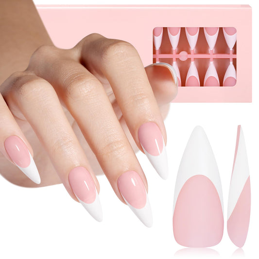 AILLSA French Gel Nail Tips, 180 Pcs French Tip Press On Nails Long Almond Pink, Pre-Applied Primer & Base Coat, No Need File, Soft Long Stiletto Nail Tips, Fake Nails for Women Gift 15 Sizes