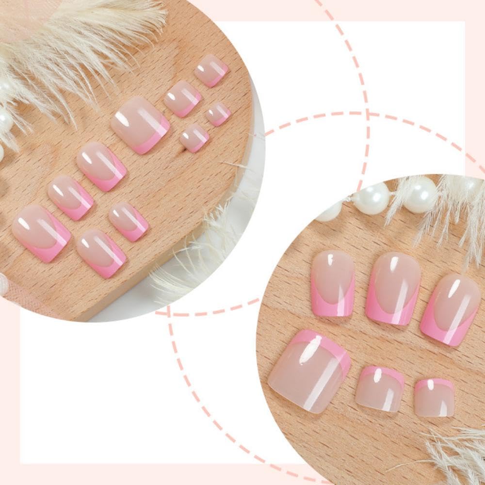 48Pcs Pink French Tips Press on Toenails Nude Pink Press on Nails Short Square False Nails with Designs Light pink Fake Toenails Glossy Reusable Summer Fake Nails for Women Girls DIY Manicure