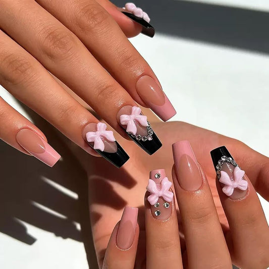 CTTHNBD Press on Nails Medium - Coffin Fake Nails with Bow Design - Pink, Black French Tip Stick on False Nails - for Women 24 Pcs