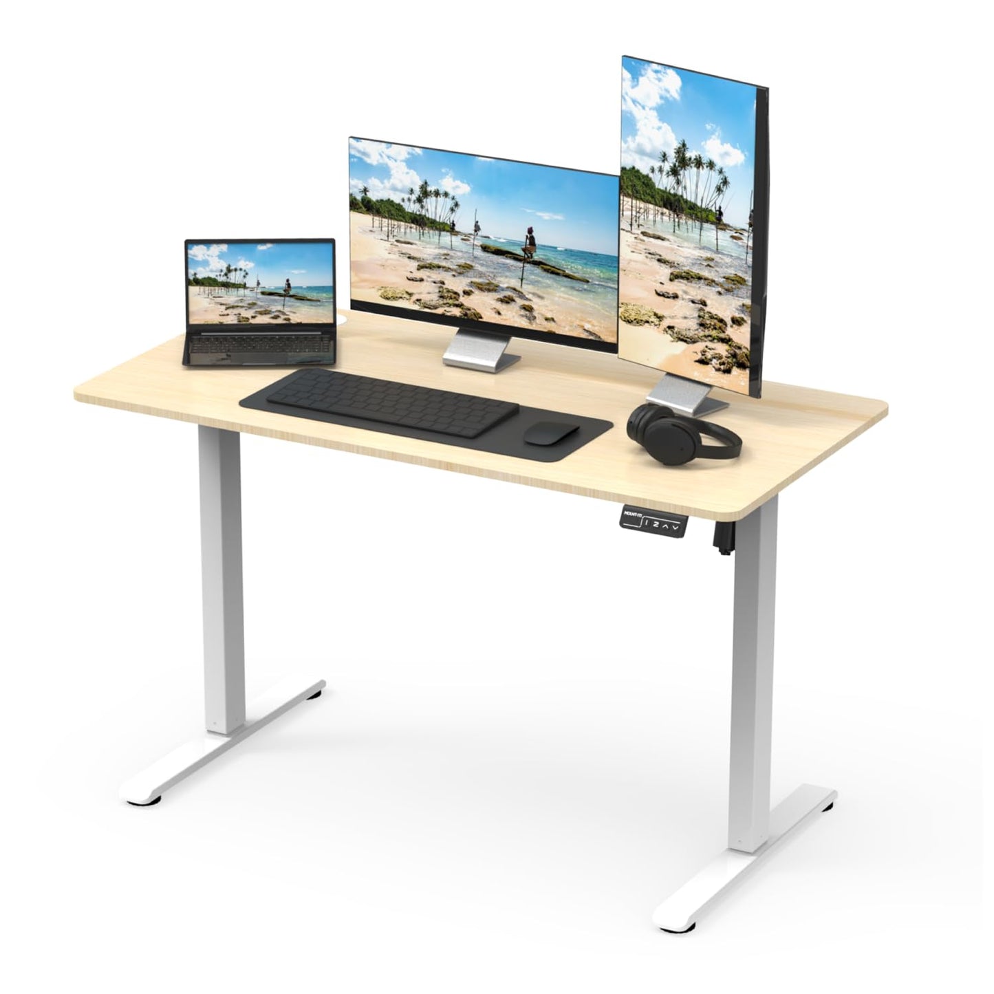 Mount-It! Maple Standing Desk 48x24 – Electric Height Adjustable Sit to Stand Desk with Memory Presets, Ergonomic Workstation for Home Office or Study, White Frame with Maple Splice Board Top