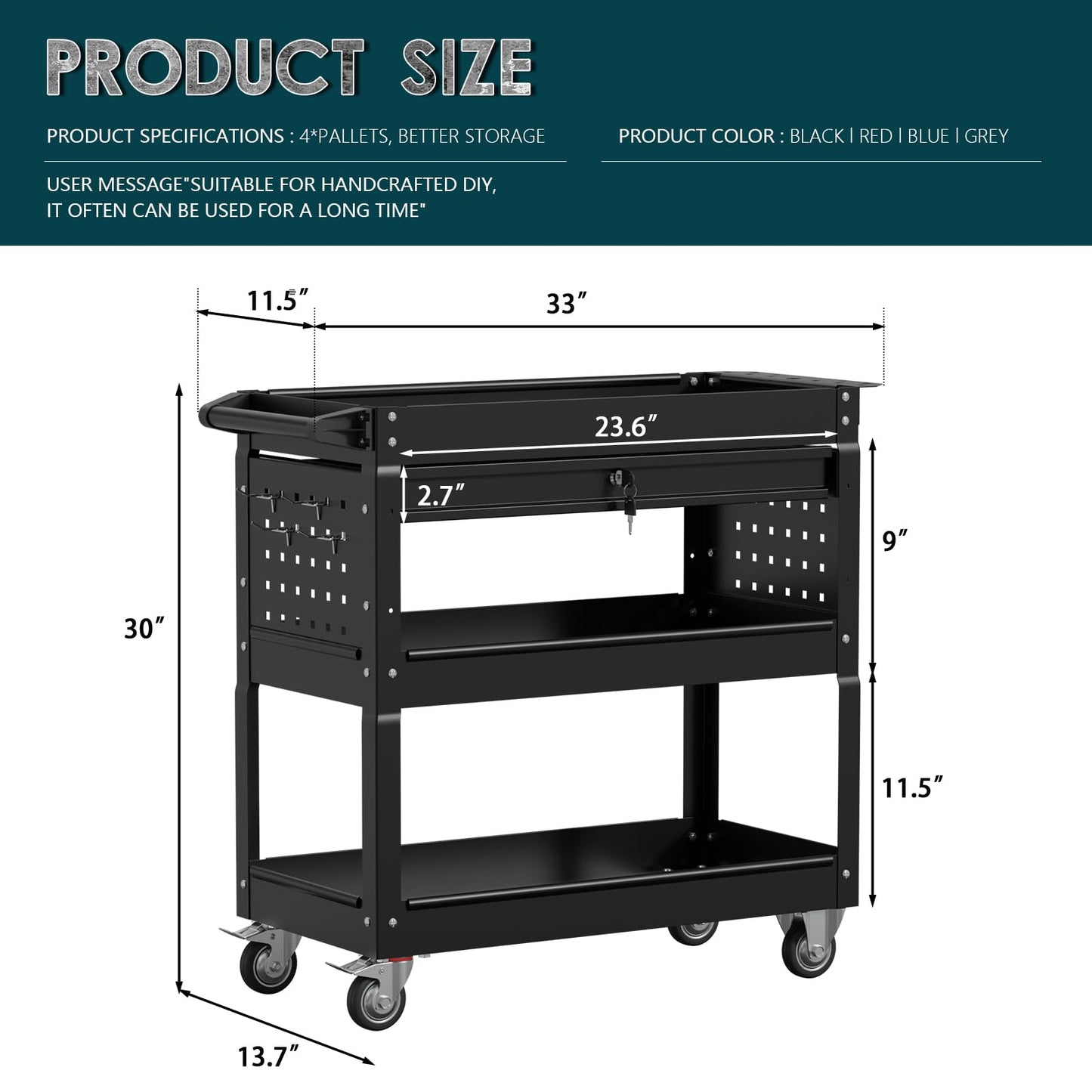 3 Tier Rolling Tool Cart on Wheels with Locking Drawer - Metal Service Cart Industrial Utility Cart for Mechanic - 350 LBS Mobile Storage Organizer for Garage, (Black)