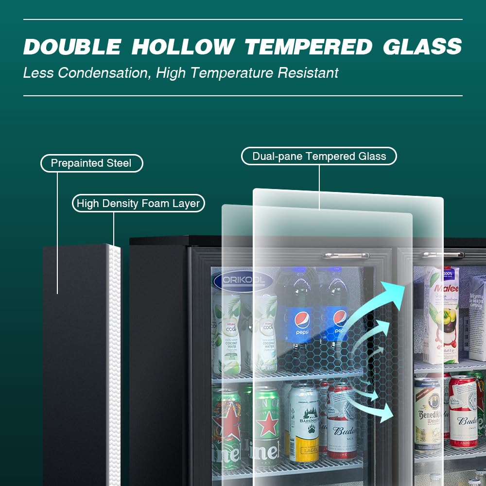 ORIKOOL Back Bar Cooler - 480 Can Capacity Beverage Refrigerators, 3 Hinged Glass Doors, LED Lighting, Adjustable Shelves, Safety Door Lock, Perfect for Bars, Restaurants & Home